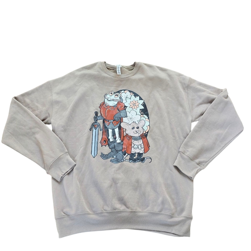 Bella Canvas EUC Unique Graphic Print Royal Frog & Mouse Beige Sweatshirt Size L